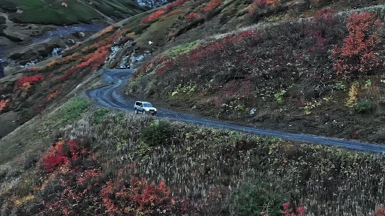 Vista del fogliame colorato lungo una strada in Georgia, Caucaso, durante l'autunno.