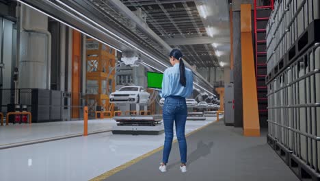 mujer inspeccionando coches en una línea de ensamblaje