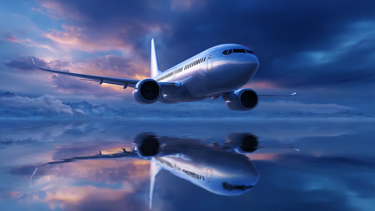 Un aereo straordinario che sorvola una superficie riflettente durante un tramonto spettacolare, catturando la bellezza dell'aviazione in condizioni atmosferiche dinamiche