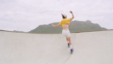 two friends rollerskating in skate park and rink