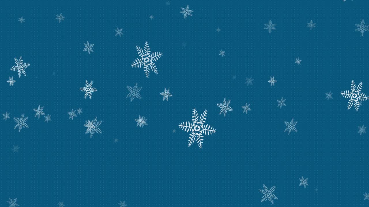 Digital animation of snowflakes icons falling against copy space on blue background