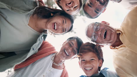 smile, bottom view and face of family in circle