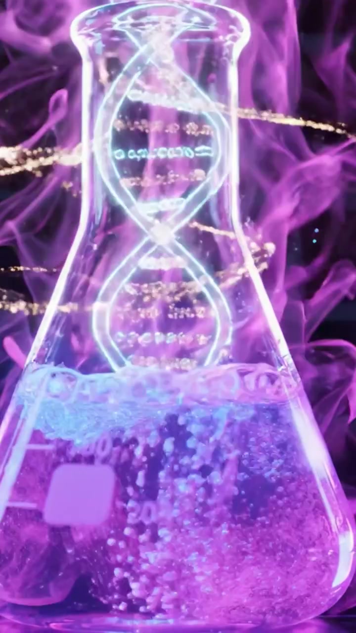 Immagini Accattivanti di un Esperimento di Laboratorio con Liquido Bioluminescente all'Interno di una Fiaschetta, Che Mostra Strutture Molecolari e Reazioni Chimiche in Colori Vivaci