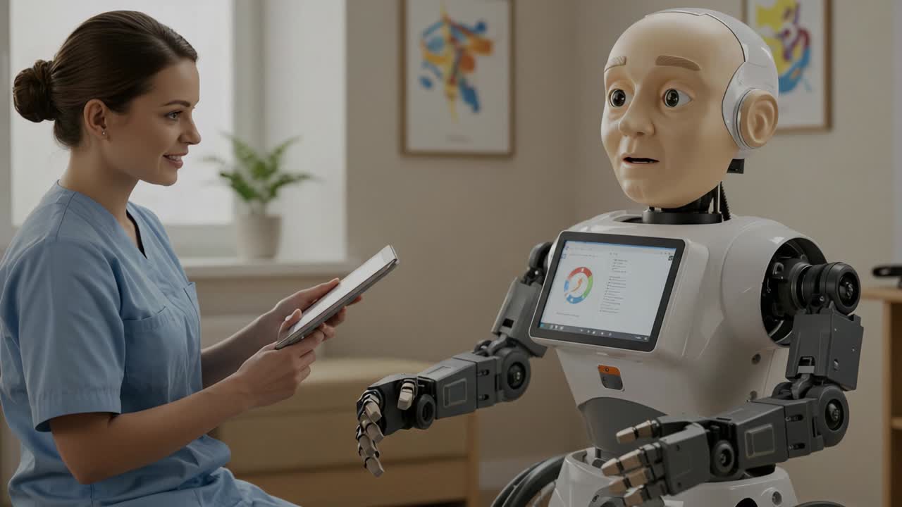 A Healthcare Professional Engages with a Human-like Robot, Demonstrating Advanced Interaction and Technology in the Medical Field for Patient Care and Assistance