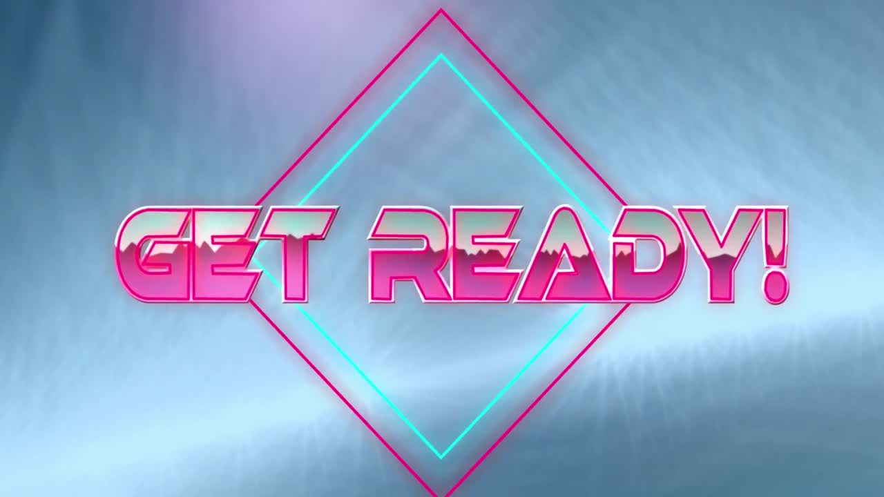 Digital animation of get ready text over neon squares against spots of light on blue background