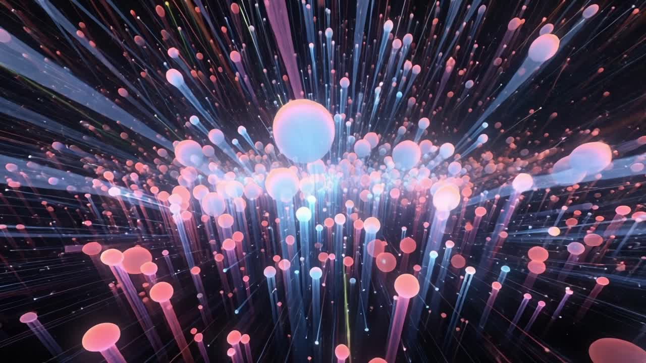 An Abstract Journey Through a Dynamic Vortex of Colorful Spheres and Radiant Lines, Exploring the Intersection of Light and Depth in a Captivating Visual Experience