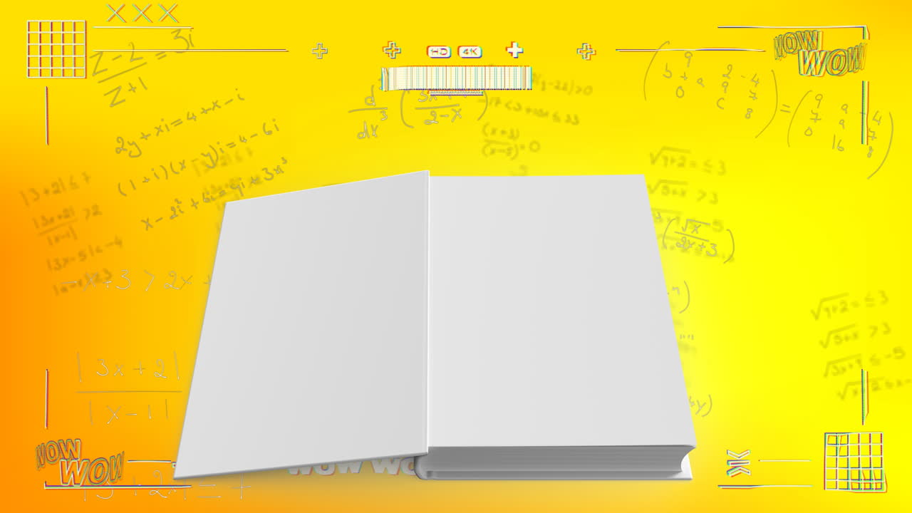 Open blank books on yellow background with mathematical equations and animation