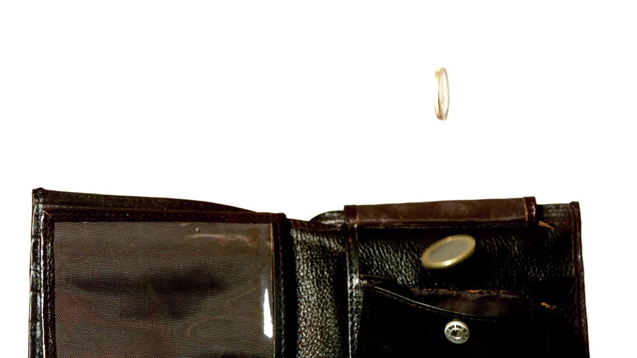 dinero cayendo en la billetera sobre fondo blanco