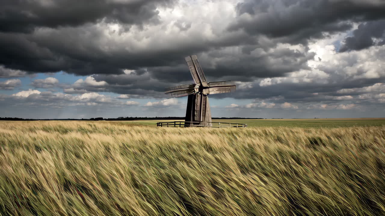 Old Wooden Windmill in a Wheat Field Under a Stormy Sky