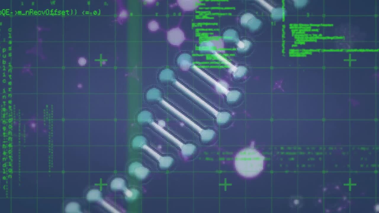 Dna structure spinning and molecular structures floating against data processing on blue background