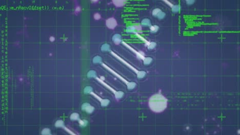 Dna-structure-spinning-and-molecular-structures-floating-against-data-processing-on-blue-background