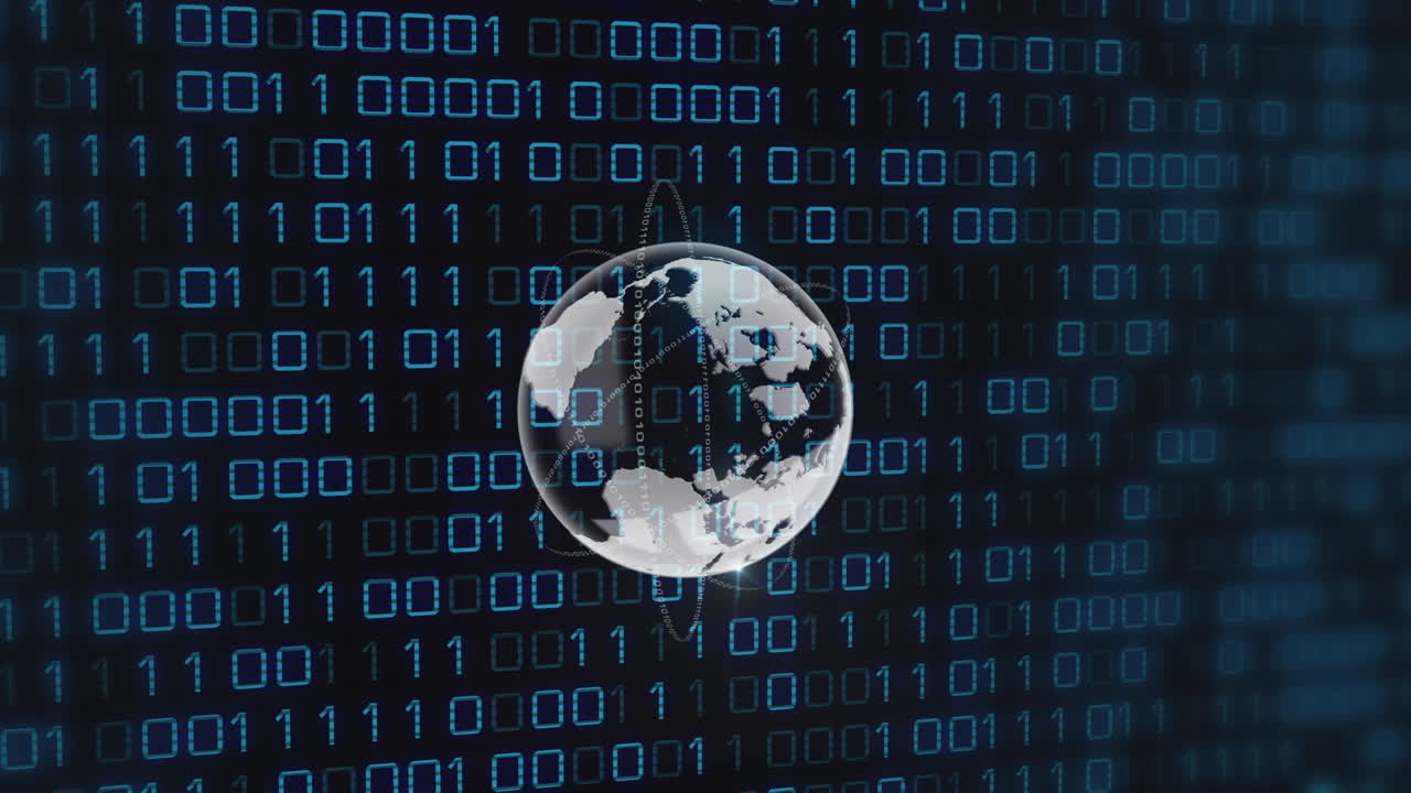 Animation of binary code over globe on black background