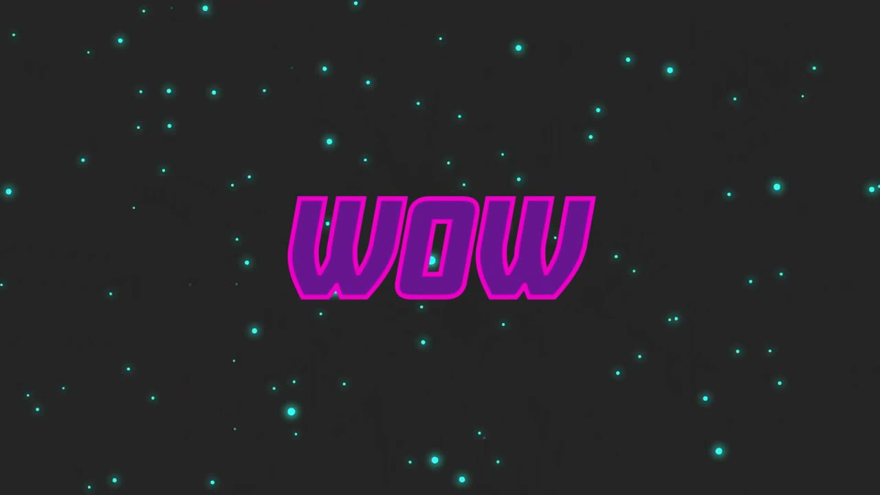 어두운 애니메이션 배경 위에서 녹색 점들과 함께 분홍색으로 빛나는 'WOW' 텍스트