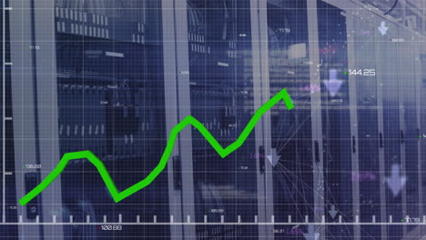 Animation-of-graphs,-changing-number,-connected-arrows-over-data-server-room