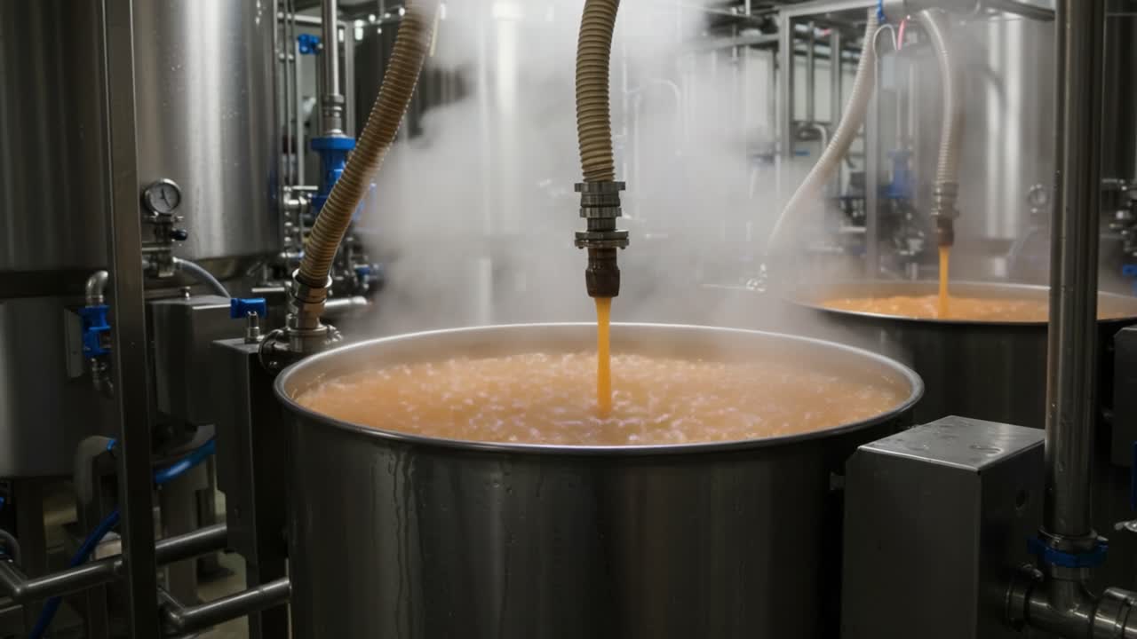 Industrial Process of Brewing with Vapors Rising from Large Stainless Steel Tanks, Highlighting the Flow of Liquid in a Modern Brewery Facility