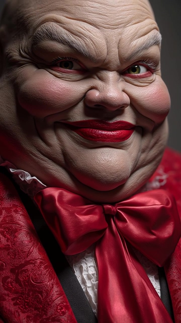 Stylized portly character in a red suit and bow tie opening eyes and smiling
