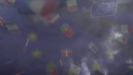 tormenta de truenos y lluvia contra varios países europeos banderas flotando contra la bandera de la ue ondeando