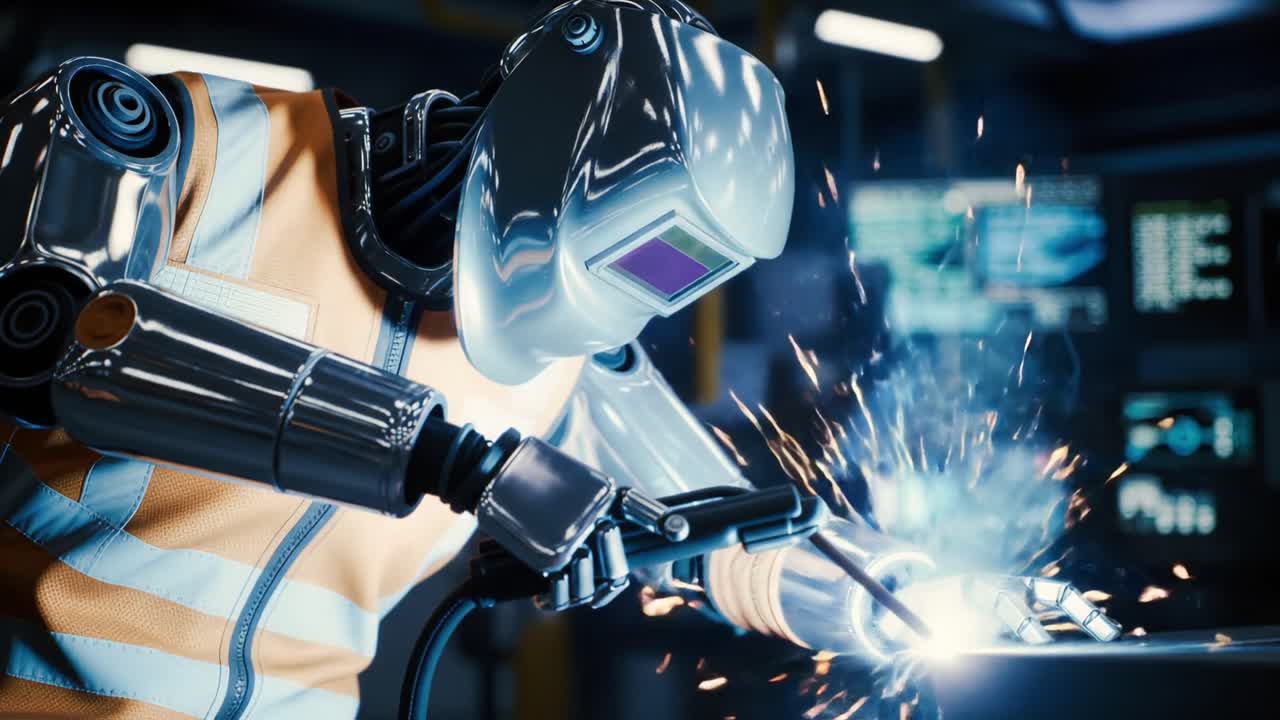 Advanced Robotic Welding: A Futuristic Industrial Scene Showcasing Automation and Precision in Metal Fabrication with Sparks and Energy in a High-Tech Environment