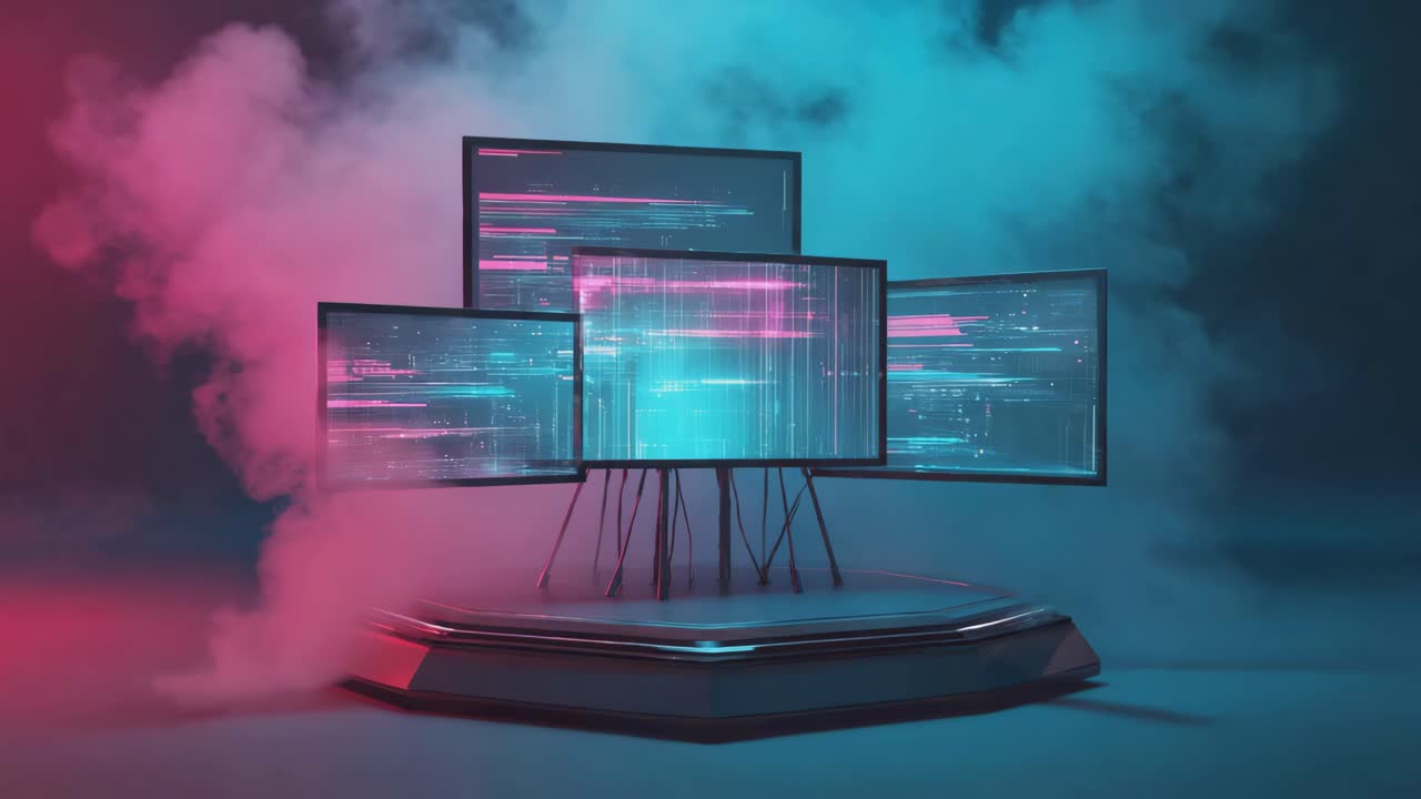 Neon Glowing Screens on a Futuristic Pedestal with Pink and Blue Smoke
