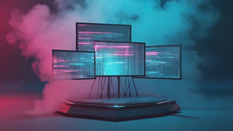 neon glowing screens on a futuristic pedestal with pink and blue smoke
