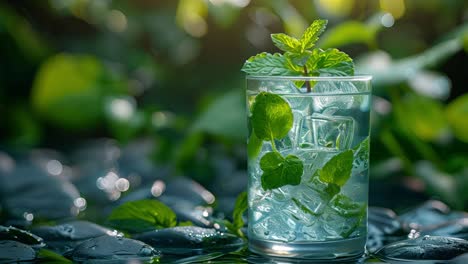 refreshing mint drink with ice in a natural green setting