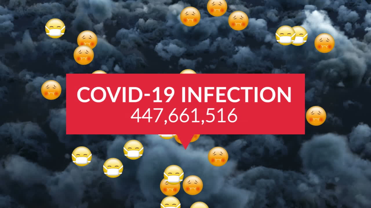 animación del procesamiento de datos de covid 19 sobre múltiples emojis enfermos con máscaras faciales