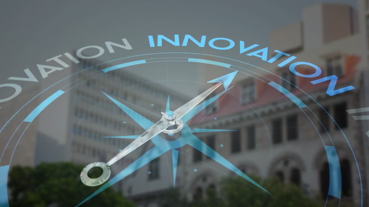 Bussola che punta verso l'innovazione con edifici urbani e alberi sullo sfondo