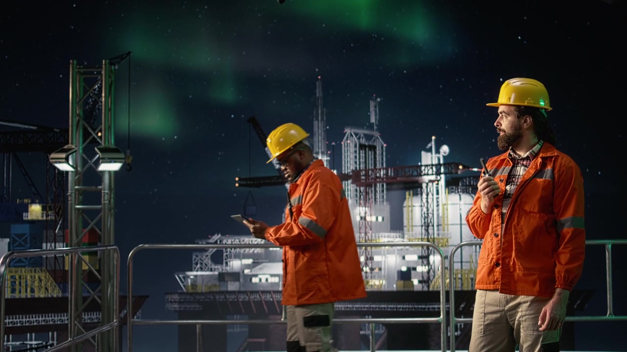 Ingeniør på offshore-boreplatform taler i walkie-talkie under global oliekrise