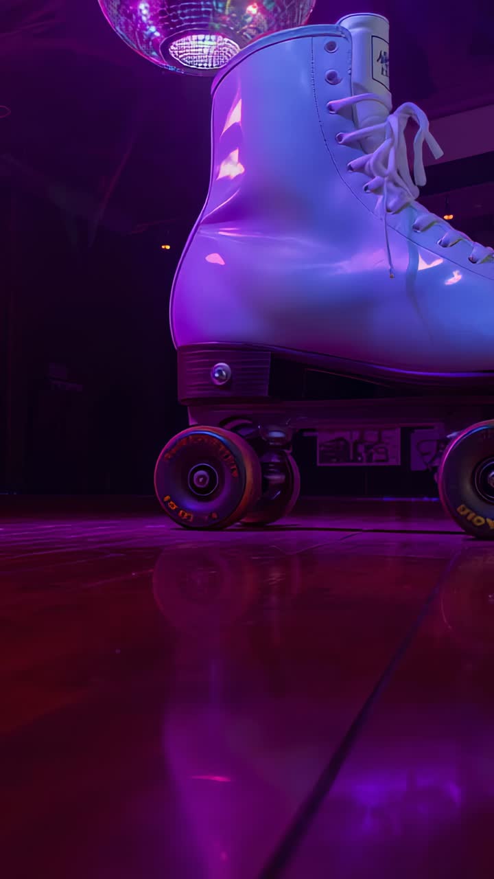 Vertikal video: Hvit quad skate-støvel som står på en rulleskøytebane, discokule roterer, lys skifter