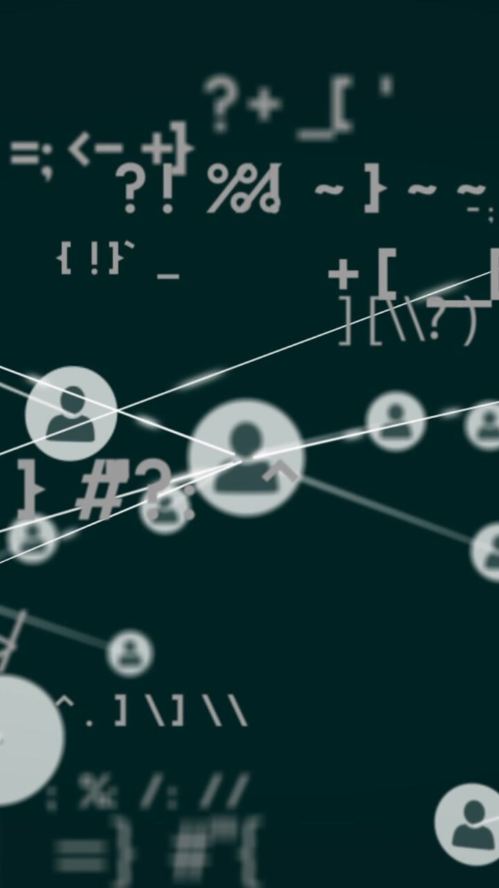 Animation of connected profile icons over computer special characters