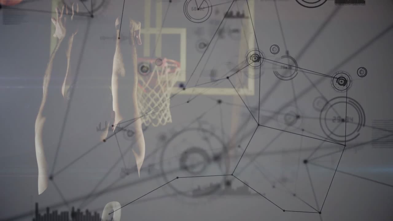 Male athlete raising arms in gymnasium featuring sports analytics with network nodes and bar charts