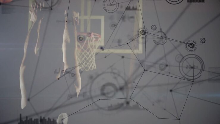 Male athlete raising arms in gymnasium featuring sports analytics with network nodes and bar charts