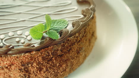 Closeup-woman-hand-decorating-cake-with-fresh-mint.-Confectioner-decorating-cake