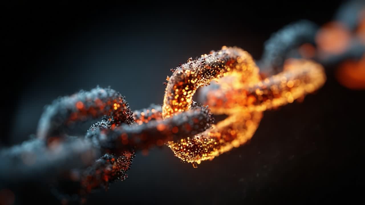 A Close-Up Exploration of a Magnificent, Glowing Chain Link, Captivating the Eye with Its Intricate Details, Radiant Colors, and Illuminated Textures in a Dark Setting