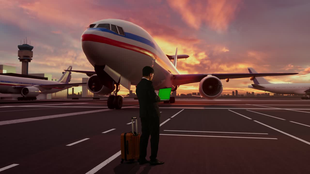Uomo d'affari asiatico che utilizza un laptop con schermo verde con aereo in partenza al tramonto
