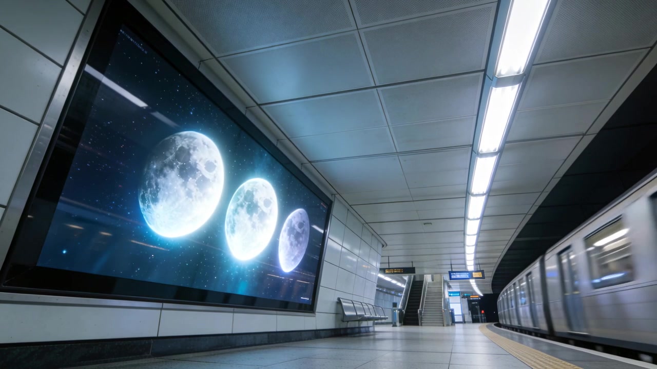 Displaying LED screen animating moons on subway platform as silver train entering, copy space
