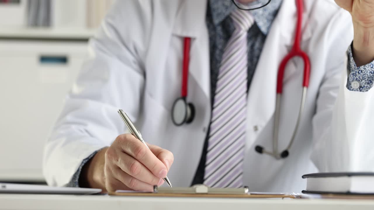 General surgeon doctor manually fills out paper forms and medical journals after receiving patients