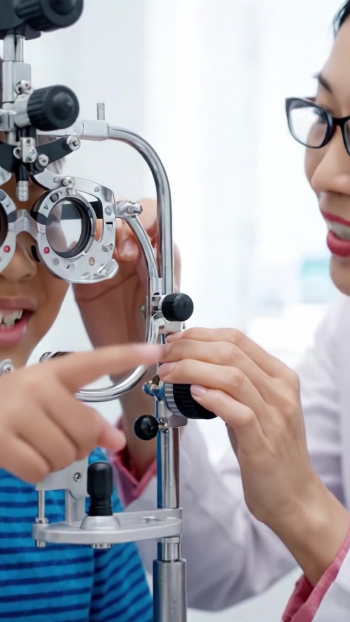 A Young Patient Undergoing an Eye Examination with Advanced Optical Equipment in a Bright and Modern Clinic Setting