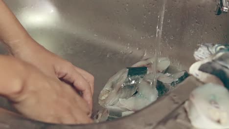 momento pacífico de la vida cotidiana en el hogar como se muestra con las manos lavando pescado crudo picado en el fregadero para ser cocinado después