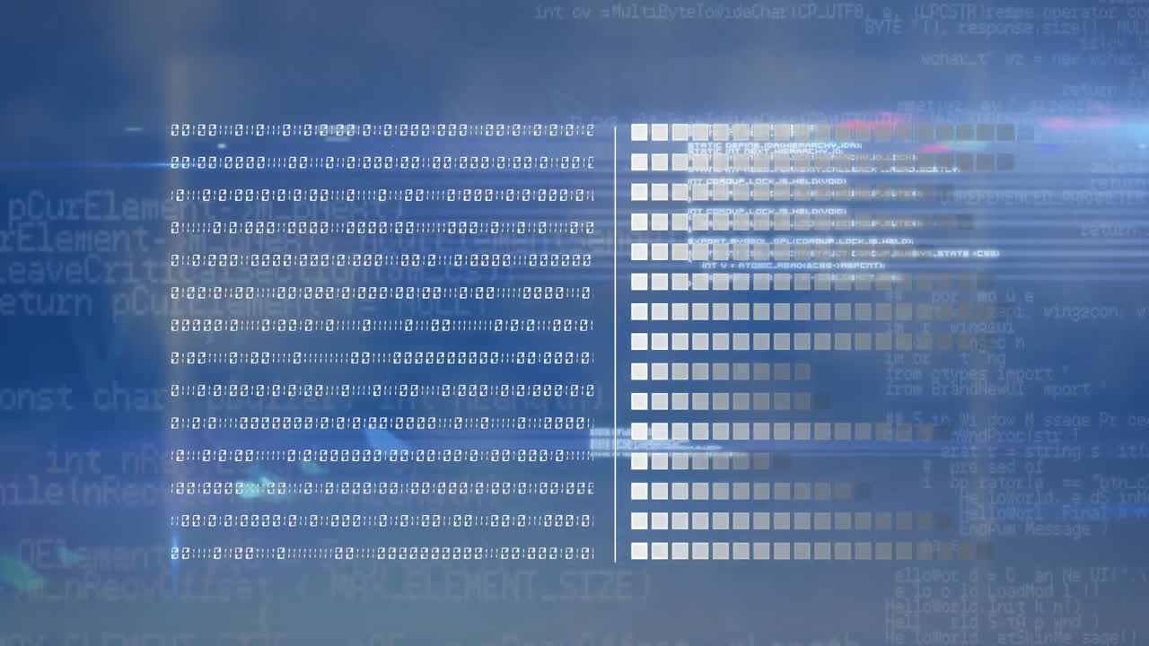 Animation of data processing and blue light trails against blue background