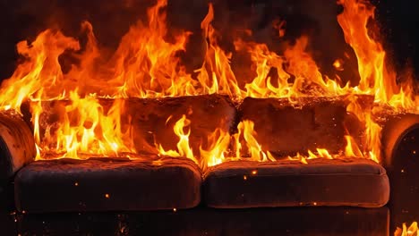 a couch is engulfed by flames in a dark room