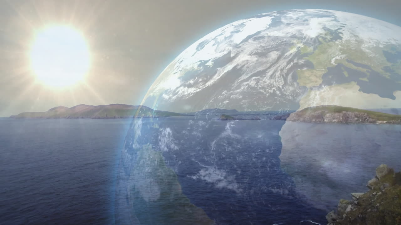 Animation of earth and sun over ocean, blending nature and planetary elements