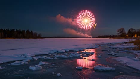 spectacular winter fireworks display reflected on ice-covered lake, illuminating the night sky with vibrant colors and a breathtaking atmosphere of celebration