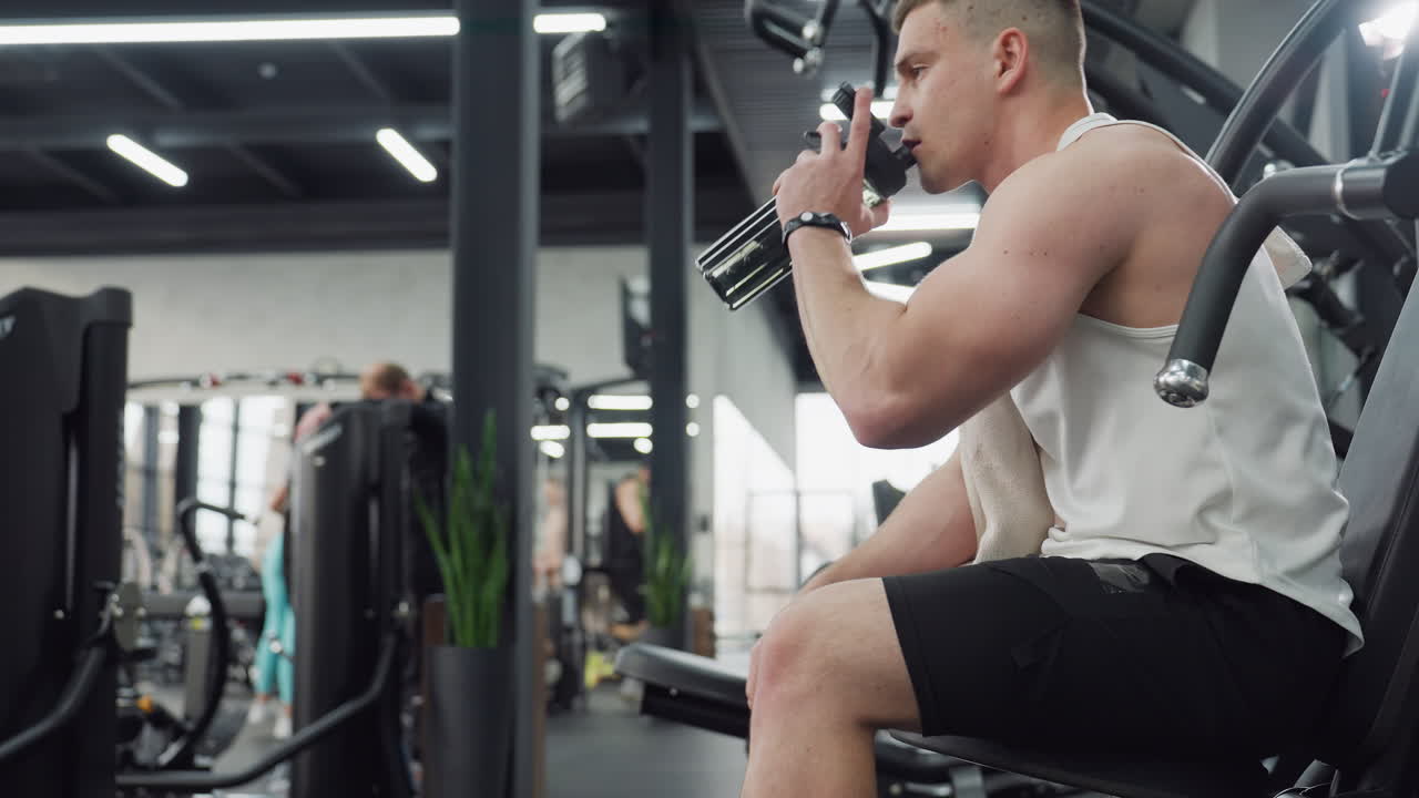 Close up sports man seated on weight bench taking sip from water can between intense chest press reps, eyes closed inhaling deeply with towel draped over shoulder, muscles resting after strength set