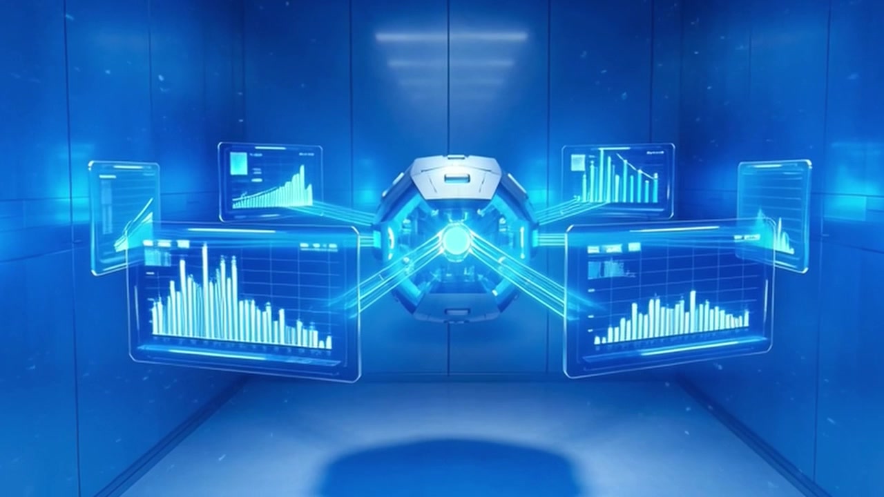 Futuristic AI Core Generating Holographic Data Charts in Digital Environment