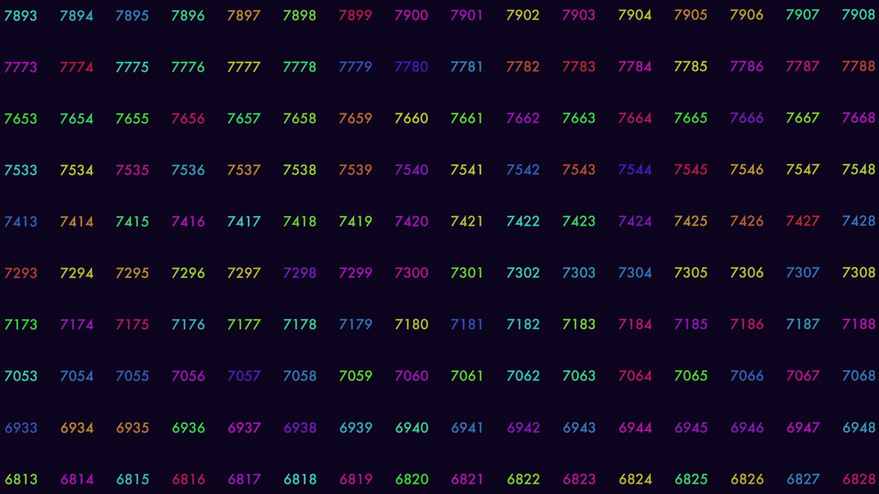 Abstract footage of multicolored glowing numbers arranged in a grid on a dark background, suggesting big data, analytics, coding, cybersecurity, and technology interface