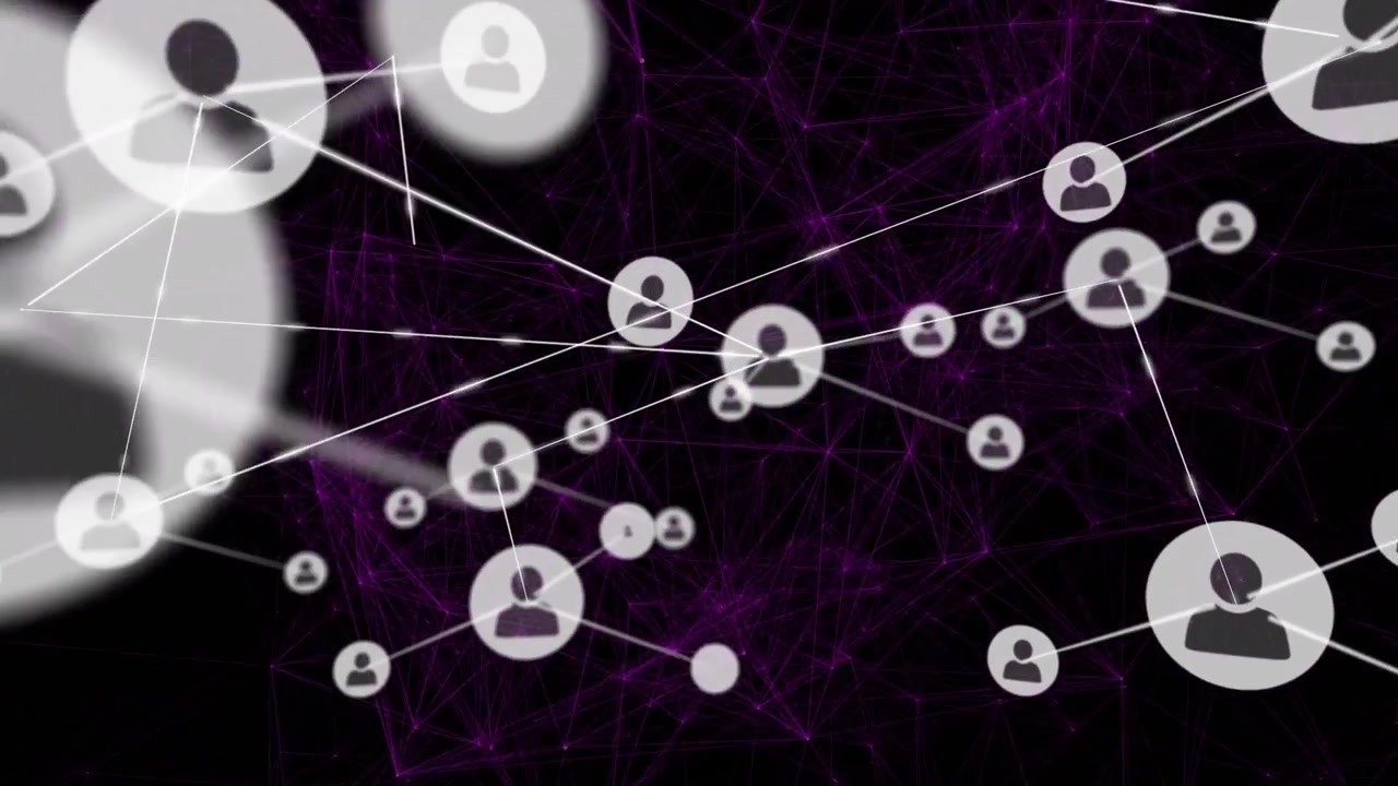 Animazione di una rete di connessioni con icone su sfondo nero e viola.