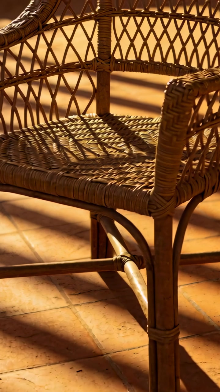 Panning camera revealing rattan chair as sunlight through slats casting shadows on terracotta floor