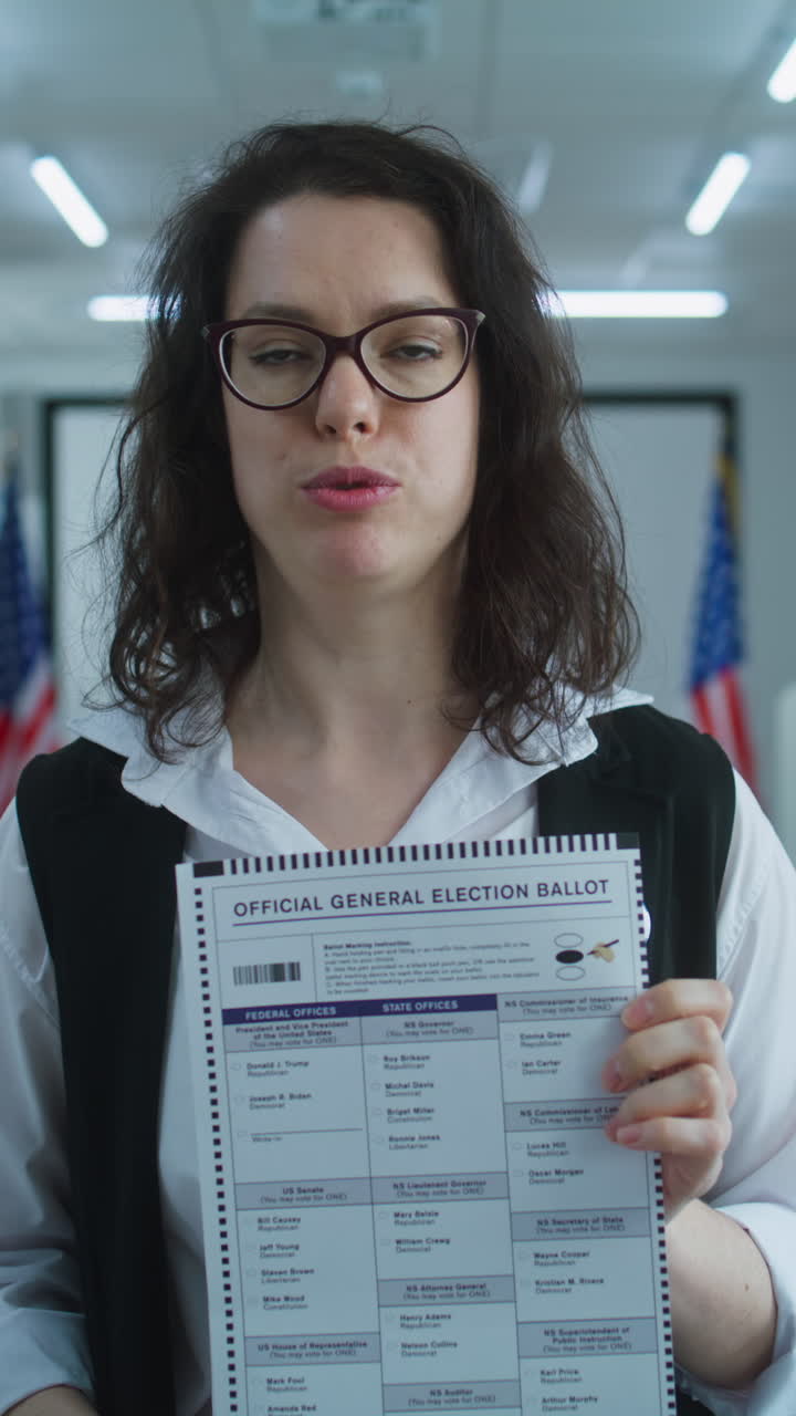American Woman Speaks on Camera Shows Paper Bulletin Calls for Voting American Woman Speaks on Camera Shows Paper Bulletin Calls for Voting National Elections Day in the United States Voting Booths at Polling Station Concept of Civic Duty and Patriotism Portrait