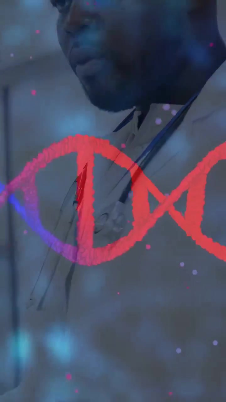 Vertical video: Doctor turning head in clinic while helix appearing and highlighting DNA data